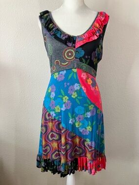 PAPILLON Patchwork Babydoll Dress M V-Neck Ruffle Boho Artsy Colorful Y2K Summer